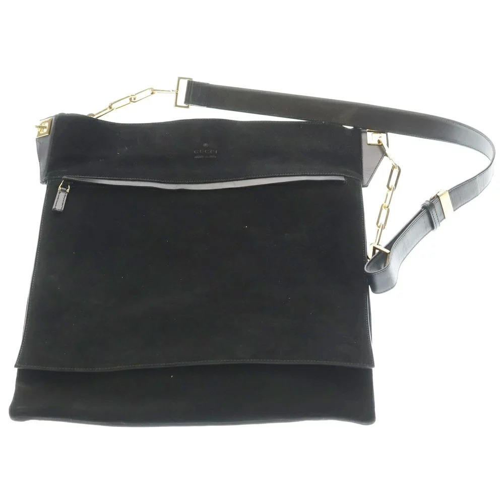GUCCI Front Logo Suede Shoulder Bag Black